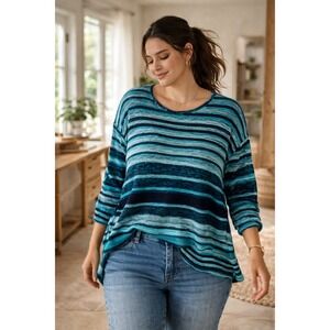 Chico's Striped Open Knit Sweater Teal Blue Ramie Rayon Size 2 Large 3/4 Sleeve